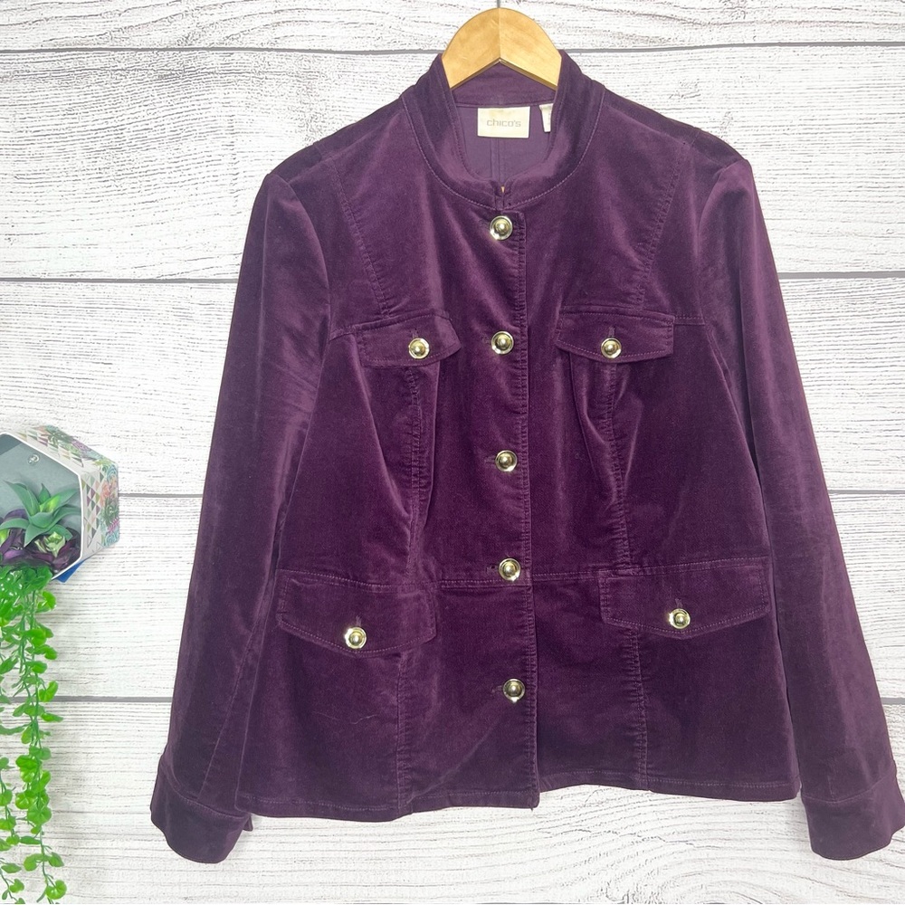 Chico's Deep Purple Velvet Blazer Jacket with Gold Buttons Size 12 Large